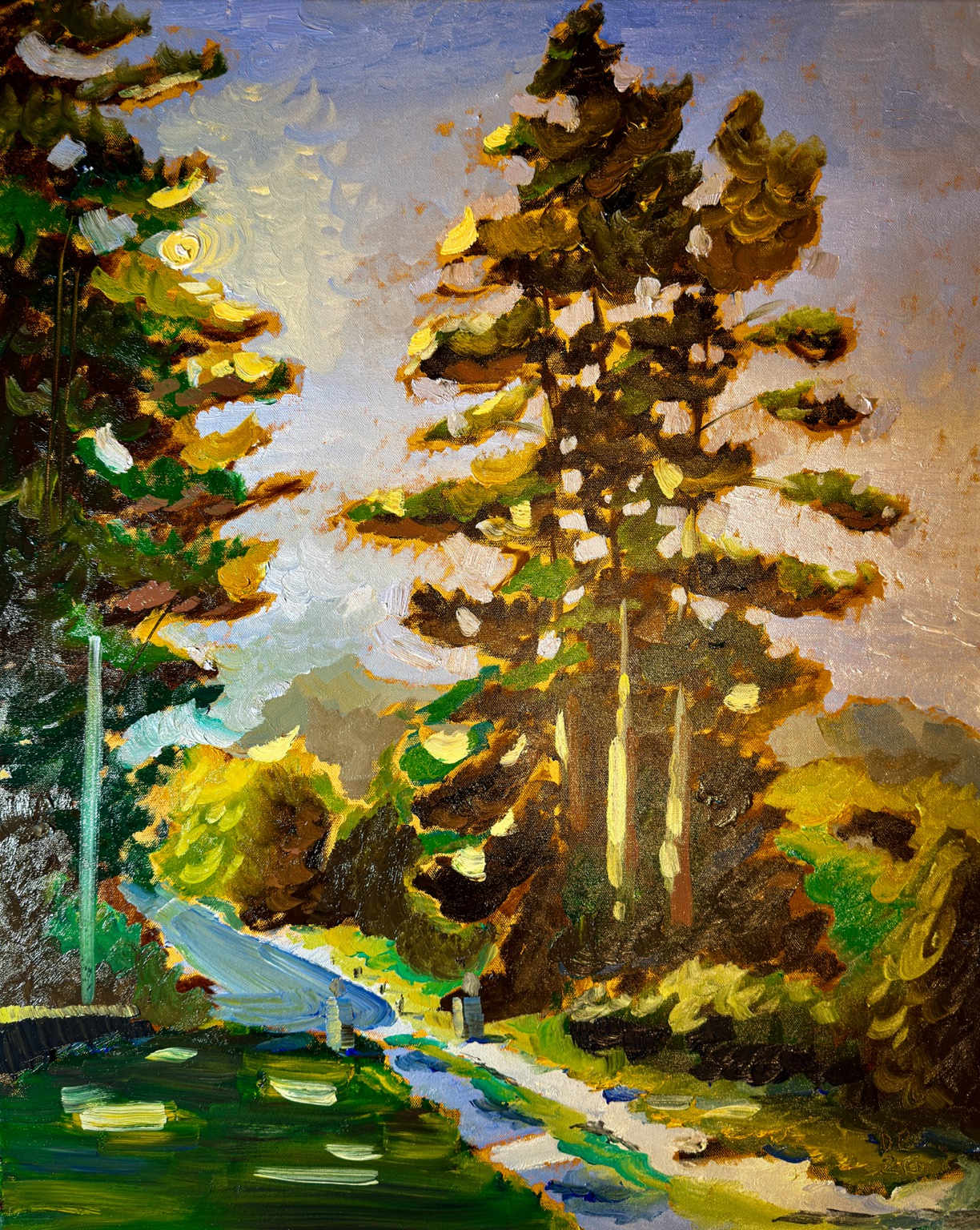 Landscape painting with tall trees