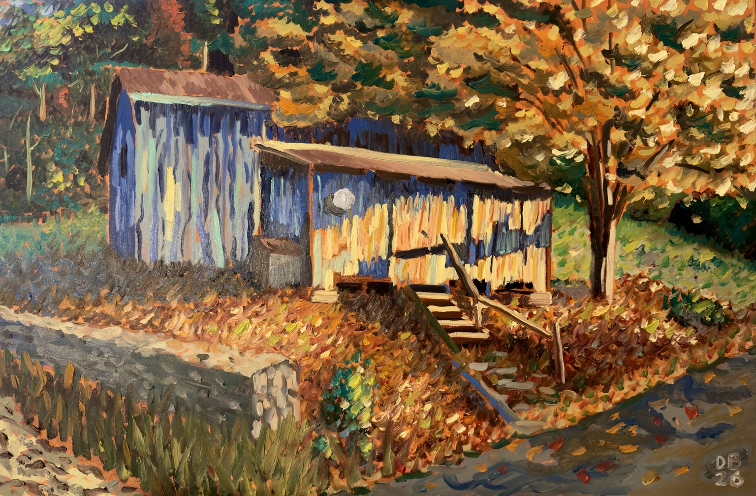 Painting of a blue barn surrounded by autumn foliage